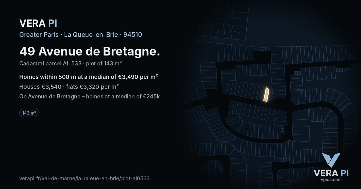 49 Avenue de Bretagne, La Queue-en-Brie at night – the plot lit, the parcels around coloured by the prices near them