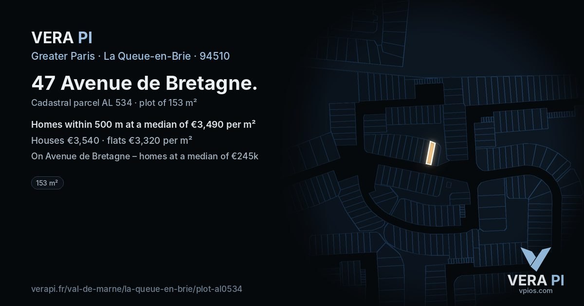 47 Avenue de Bretagne, La Queue-en-Brie at night – the plot lit, the parcels around coloured by the prices near them