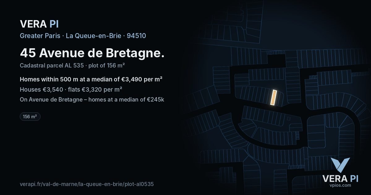 45 Avenue de Bretagne, La Queue-en-Brie at night – the plot lit, the parcels around coloured by the prices near them