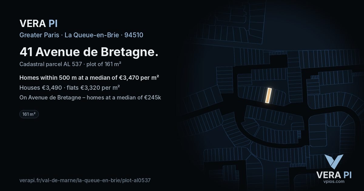 41 Avenue de Bretagne, La Queue-en-Brie at night – the plot lit, the parcels around coloured by the prices near them