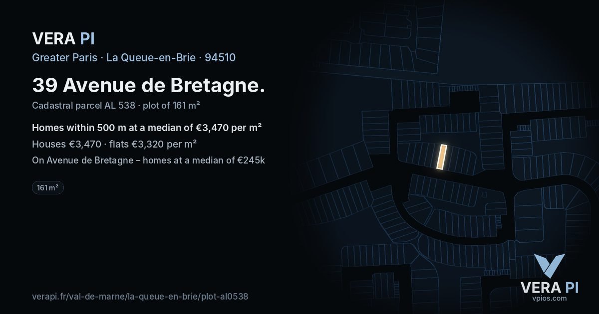 39 Avenue de Bretagne, La Queue-en-Brie at night – the plot lit, the parcels around coloured by the prices near them