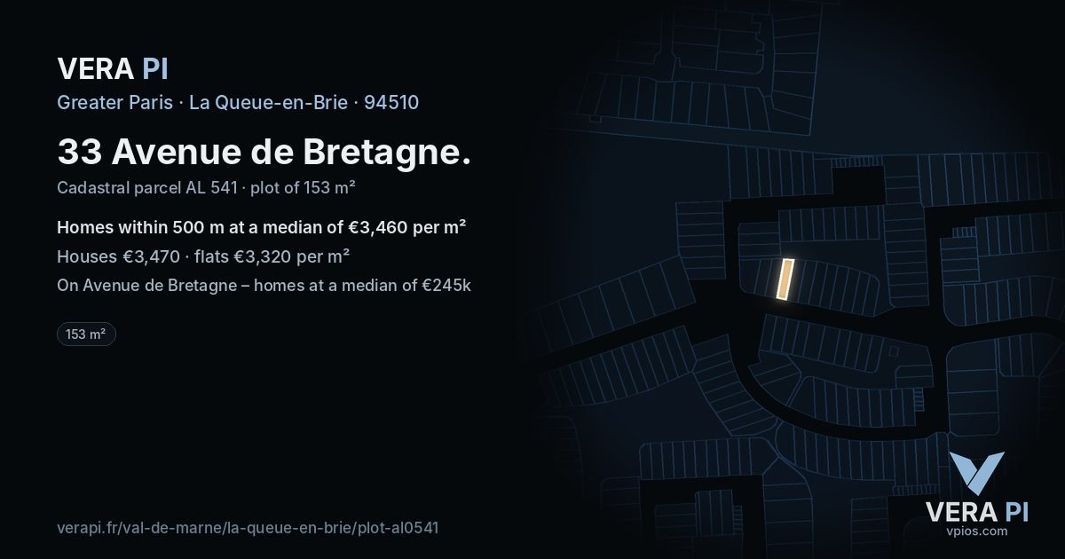 33 Avenue de Bretagne, La Queue-en-Brie at night – the plot lit, the parcels around coloured by the prices near them
