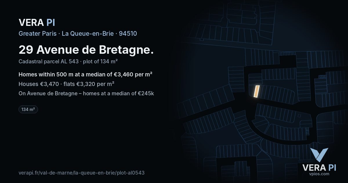 29 Avenue de Bretagne, La Queue-en-Brie at night – the plot lit, the parcels around coloured by the prices near them