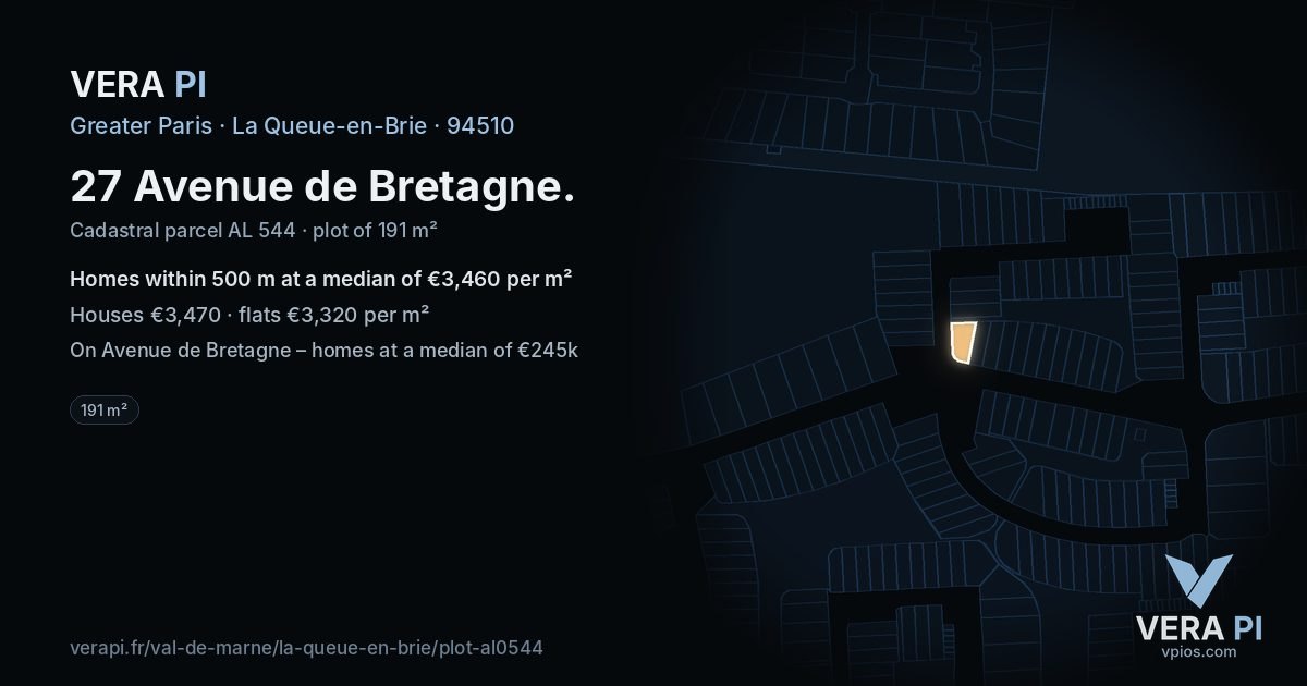 27 Avenue de Bretagne, La Queue-en-Brie at night – the plot lit, the parcels around coloured by the prices near them