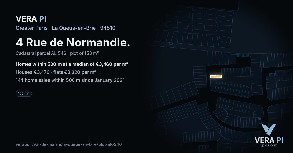 4 Rue de Normandie, La Queue-en-Brie at night – the plot lit, the parcels around coloured by the prices near them