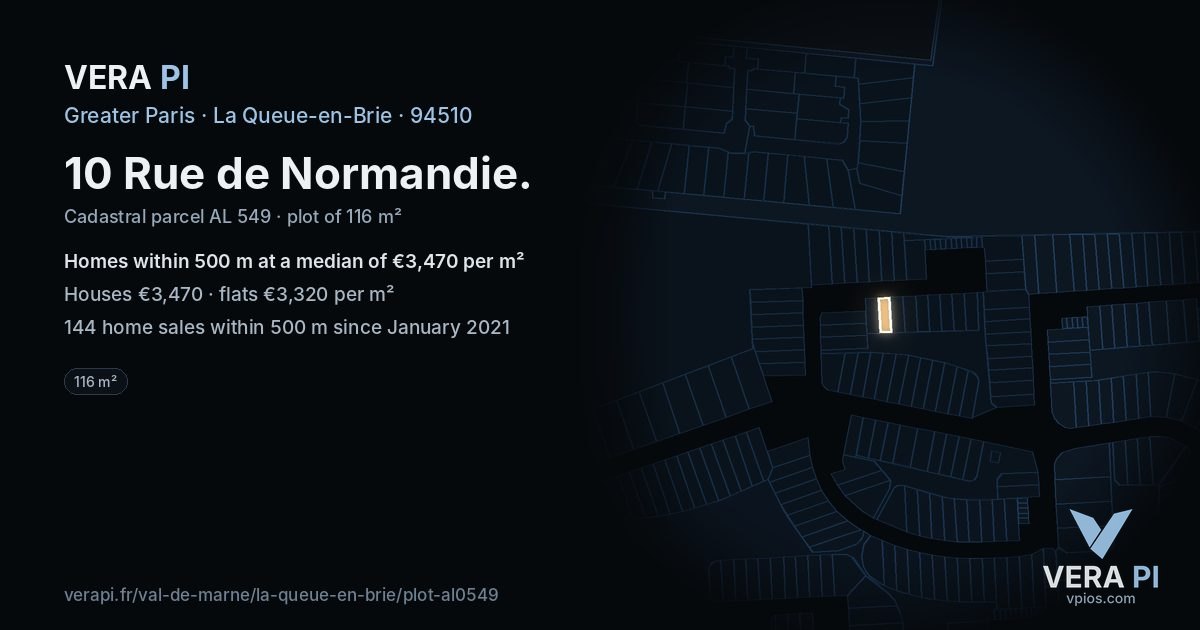 10 Rue de Normandie, La Queue-en-Brie at night – the plot lit, the parcels around coloured by the prices near them