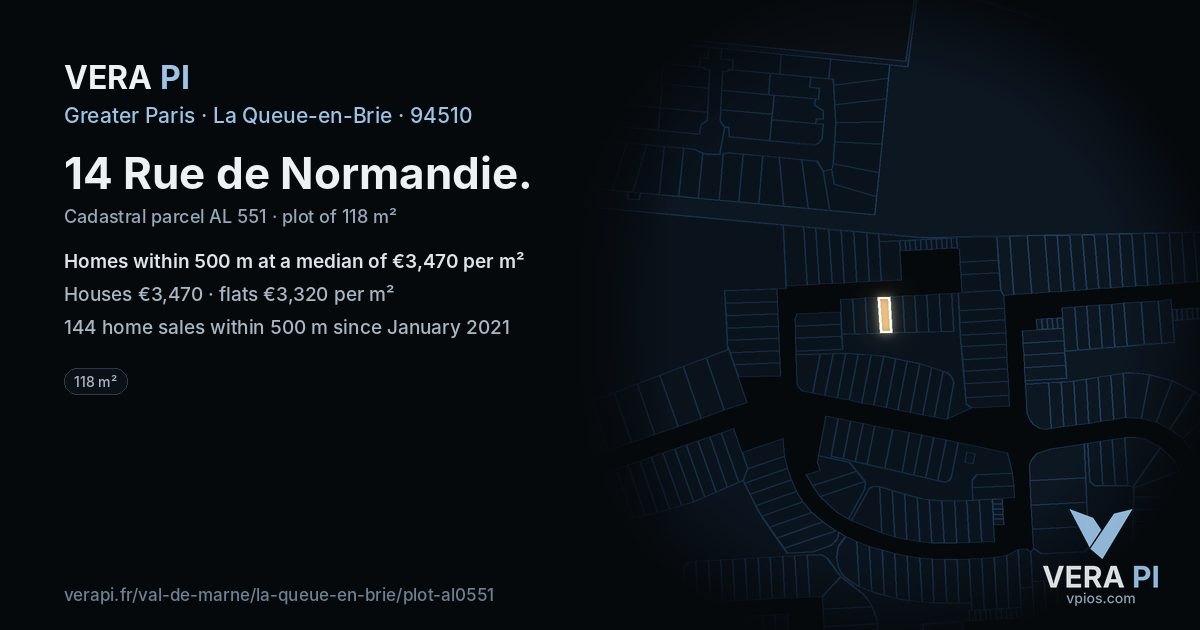 14 Rue de Normandie, La Queue-en-Brie at night – the plot lit, the parcels around coloured by the prices near them