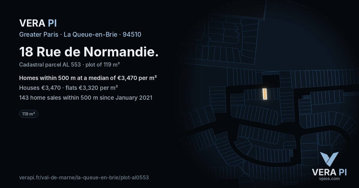 18 Rue de Normandie, La Queue-en-Brie at night – the plot lit, the parcels around coloured by the prices near them