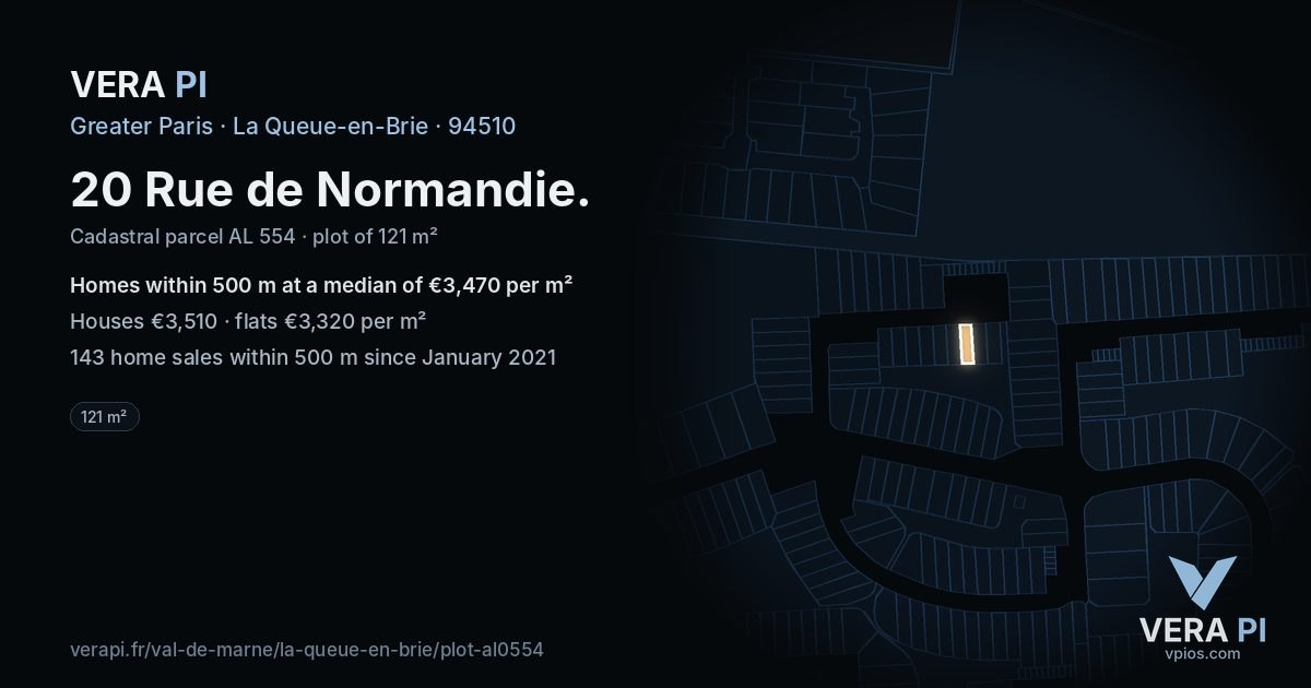 20 Rue de Normandie, La Queue-en-Brie at night – the plot lit, the parcels around coloured by the prices near them