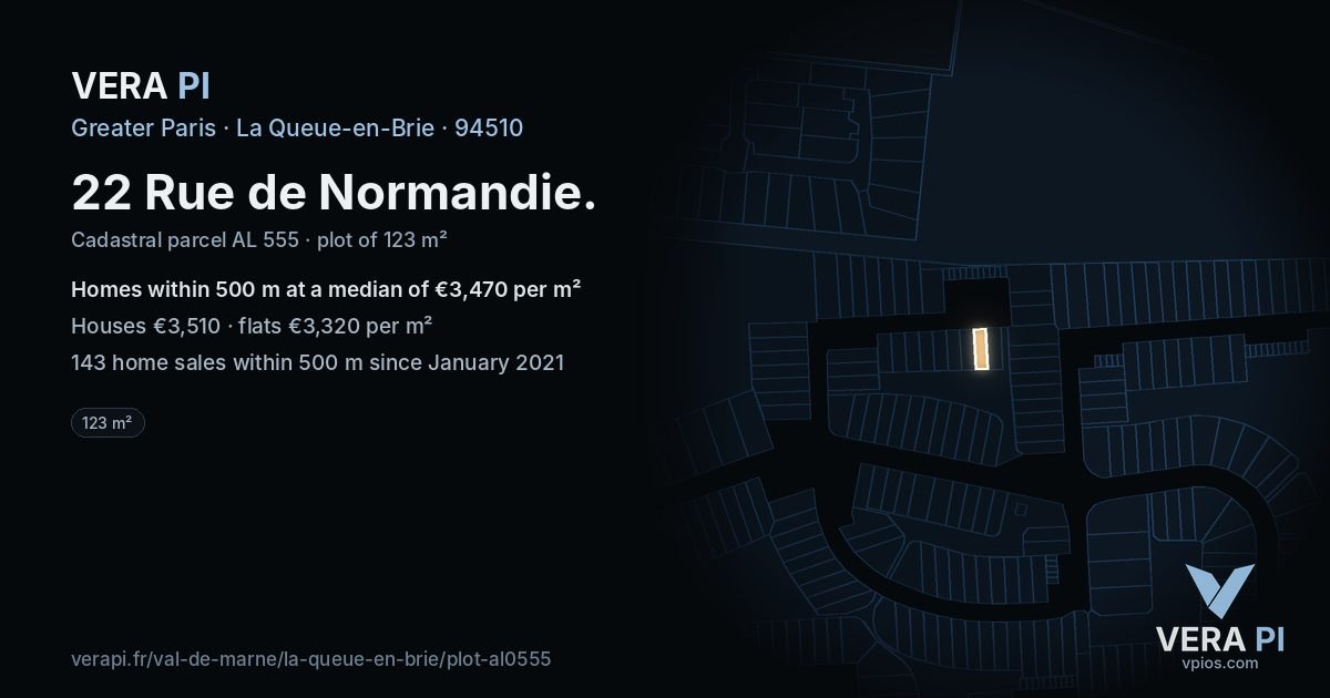 22 Rue de Normandie, La Queue-en-Brie at night – the plot lit, the parcels around coloured by the prices near them