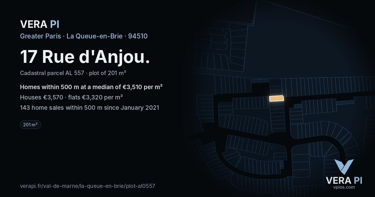 17 Rue d'Anjou, La Queue-en-Brie at night – the plot lit, the parcels around coloured by the prices near them