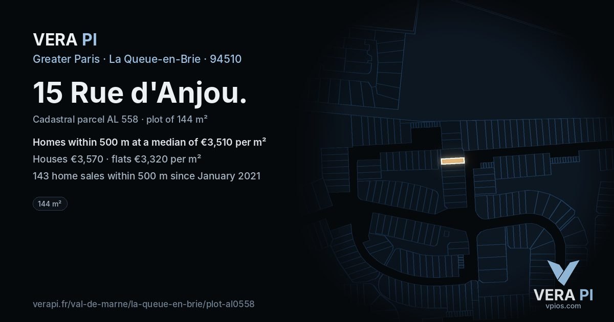 15 Rue d'Anjou, La Queue-en-Brie at night – the plot lit, the parcels around coloured by the prices near them