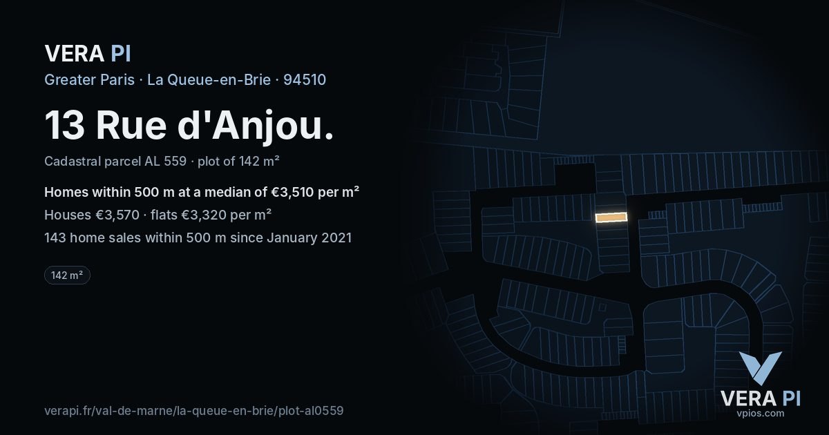 13 Rue d'Anjou, La Queue-en-Brie at night – the plot lit, the parcels around coloured by the prices near them