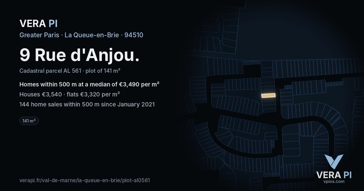 9 Rue d'Anjou, La Queue-en-Brie at night – the plot lit, the parcels around coloured by the prices near them