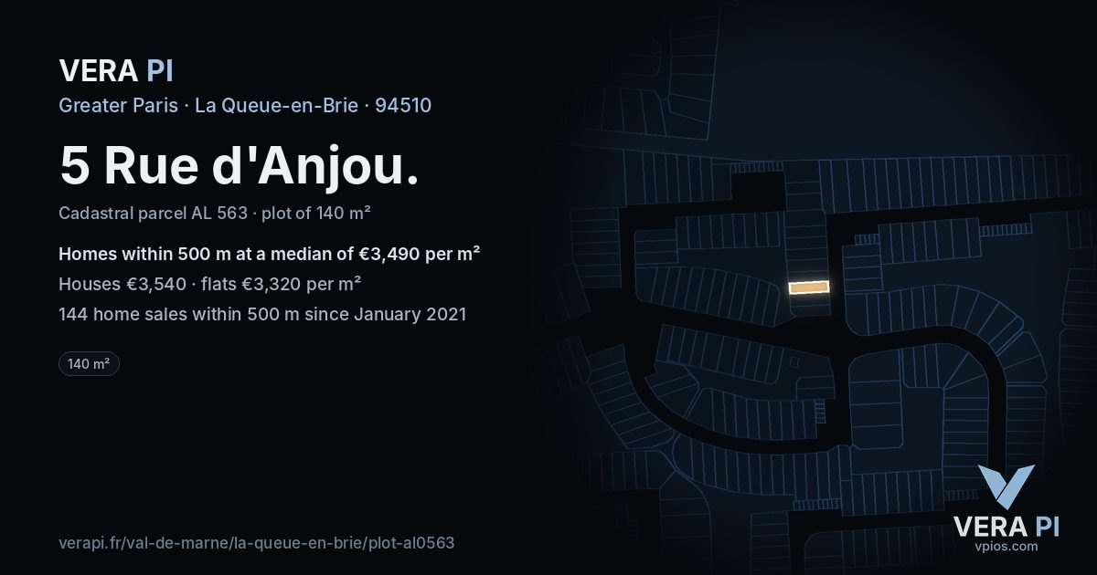 5 Rue d'Anjou, La Queue-en-Brie at night – the plot lit, the parcels around coloured by the prices near them