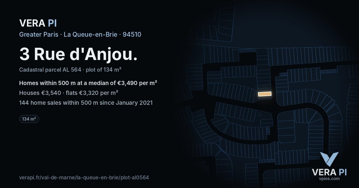 3 Rue d'Anjou, La Queue-en-Brie at night – the plot lit, the parcels around coloured by the prices near them