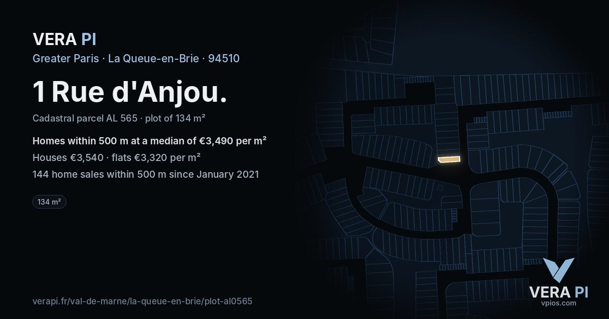 1 Rue d'Anjou, La Queue-en-Brie at night – the plot lit, the parcels around coloured by the prices near them