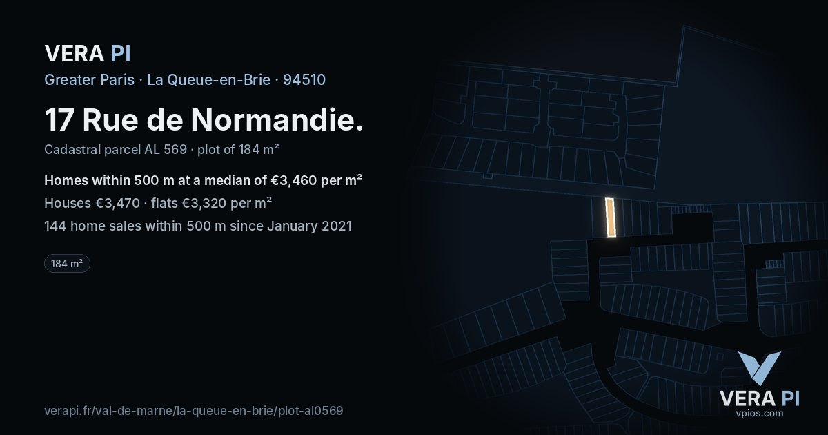 17 Rue de Normandie, La Queue-en-Brie at night – the plot lit, the parcels around coloured by the prices near them