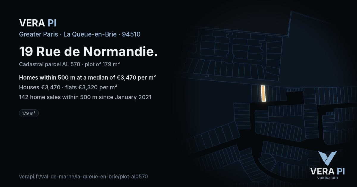 19 Rue de Normandie, La Queue-en-Brie at night – the plot lit, the parcels around coloured by the prices near them