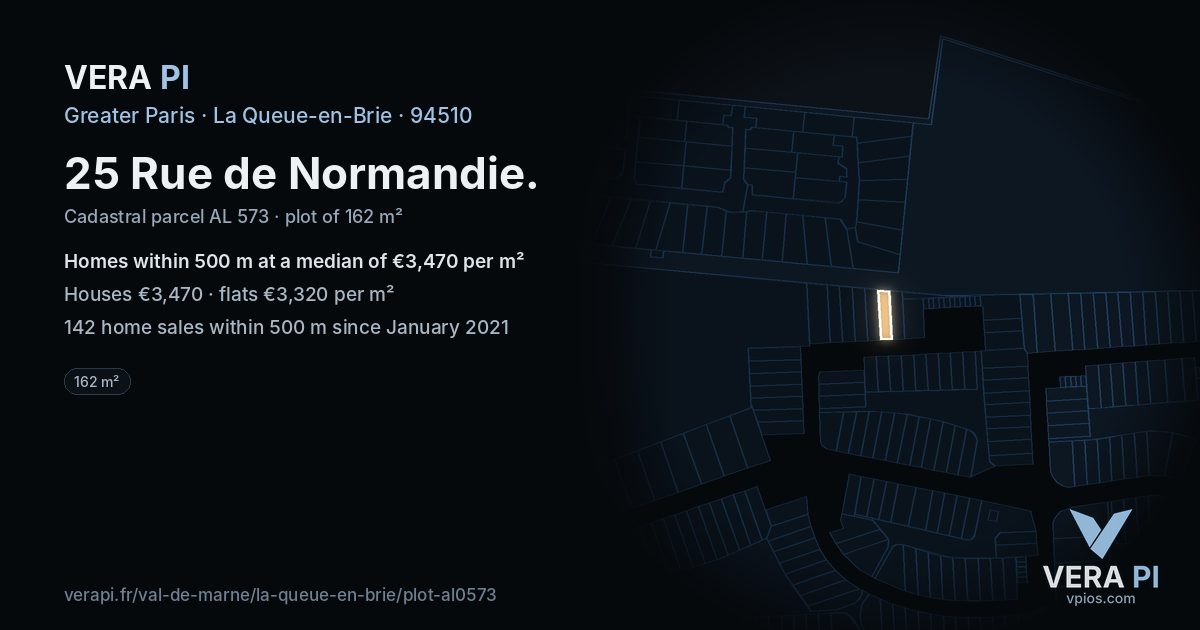 25 Rue de Normandie, La Queue-en-Brie at night – the plot lit, the parcels around coloured by the prices near them