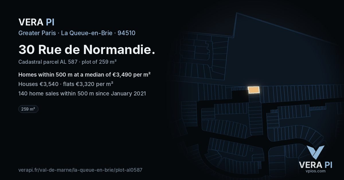 30 Rue de Normandie, La Queue-en-Brie at night – the plot lit, the parcels around coloured by the prices near them