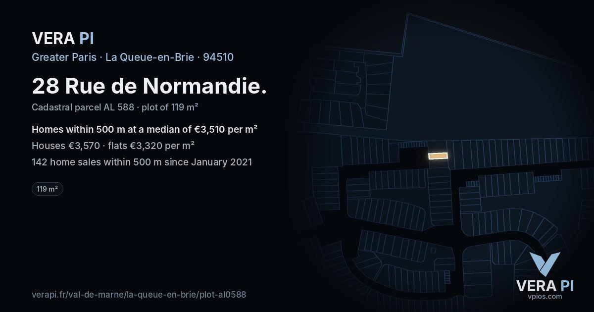 28 Rue de Normandie, La Queue-en-Brie at night – the plot lit, the parcels around coloured by the prices near them