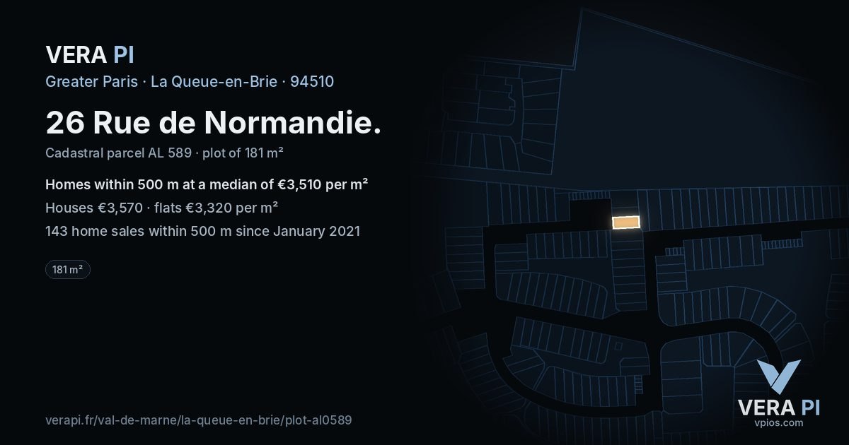 26 Rue de Normandie, La Queue-en-Brie at night – the plot lit, the parcels around coloured by the prices near them