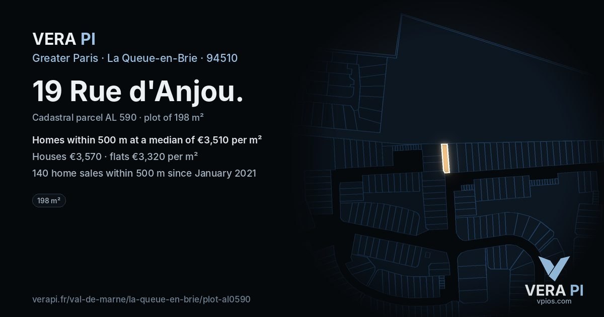 19 Rue d'Anjou, La Queue-en-Brie at night – the plot lit, the parcels around coloured by the prices near them