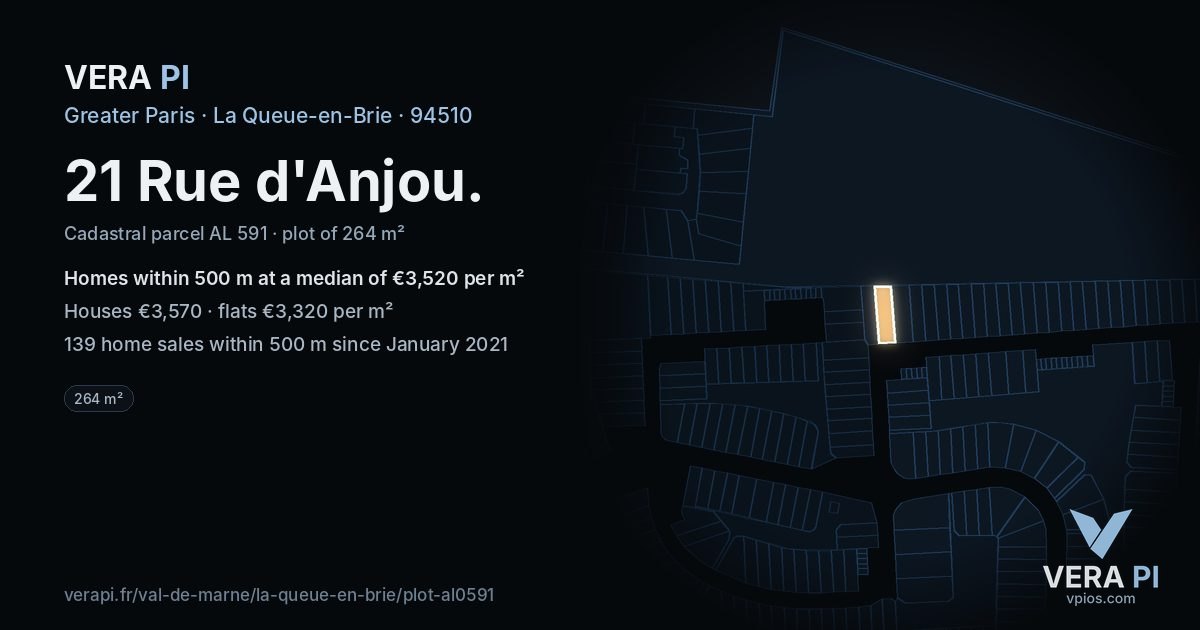 21 Rue d'Anjou, La Queue-en-Brie at night – the plot lit, the parcels around coloured by the prices near them