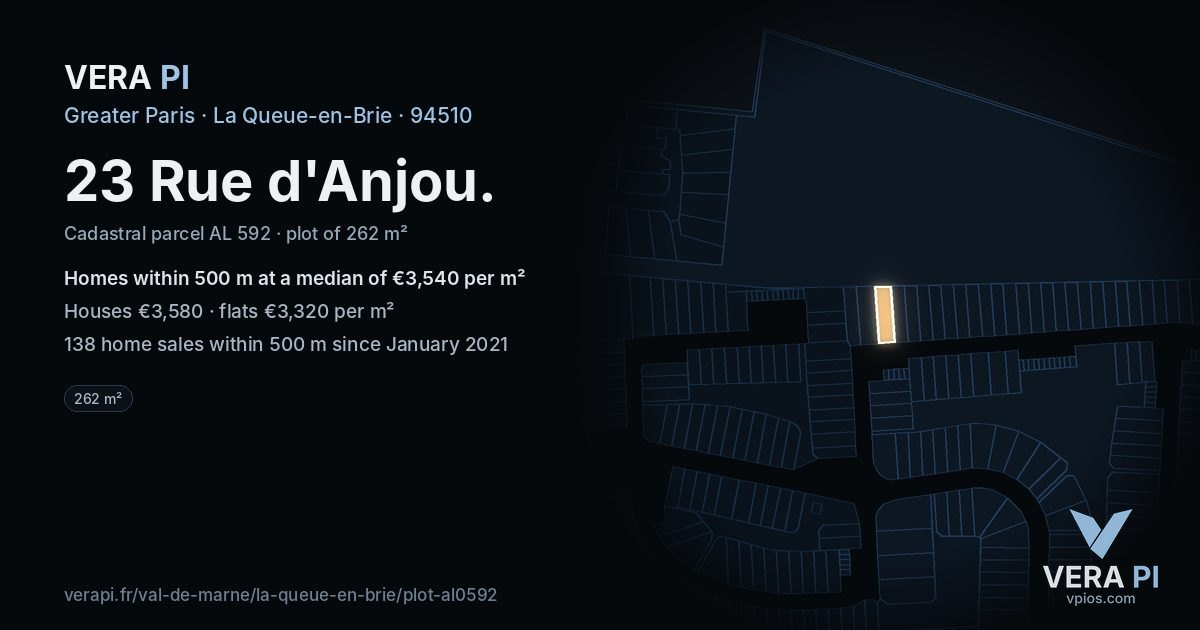23 Rue d'Anjou, La Queue-en-Brie at night – the plot lit, the parcels around coloured by the prices near them