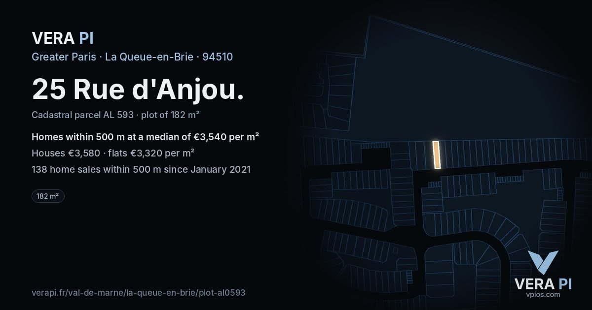 25 Rue d'Anjou, La Queue-en-Brie at night – the plot lit, the parcels around coloured by the prices near them