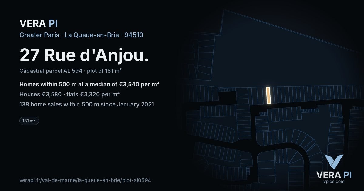 27 Rue d'Anjou, La Queue-en-Brie at night – the plot lit, the parcels around coloured by the prices near them