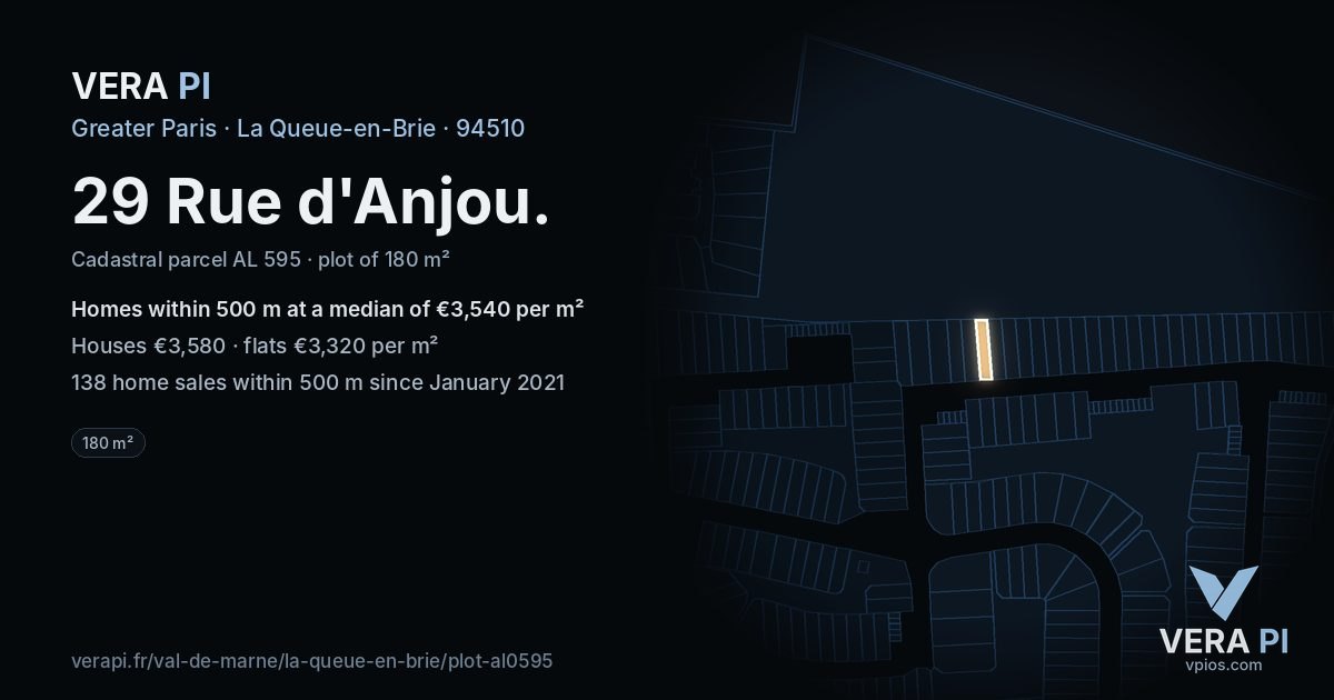 29 Rue d'Anjou, La Queue-en-Brie at night – the plot lit, the parcels around coloured by the prices near them