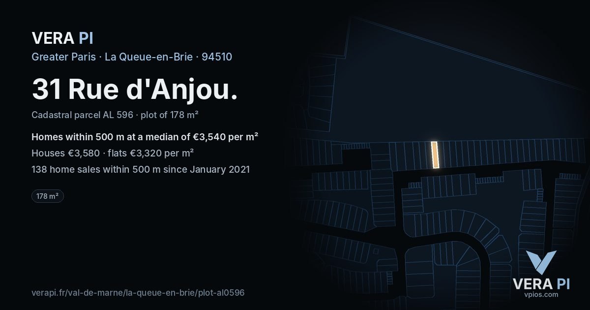 31 Rue d'Anjou, La Queue-en-Brie at night – the plot lit, the parcels around coloured by the prices near them