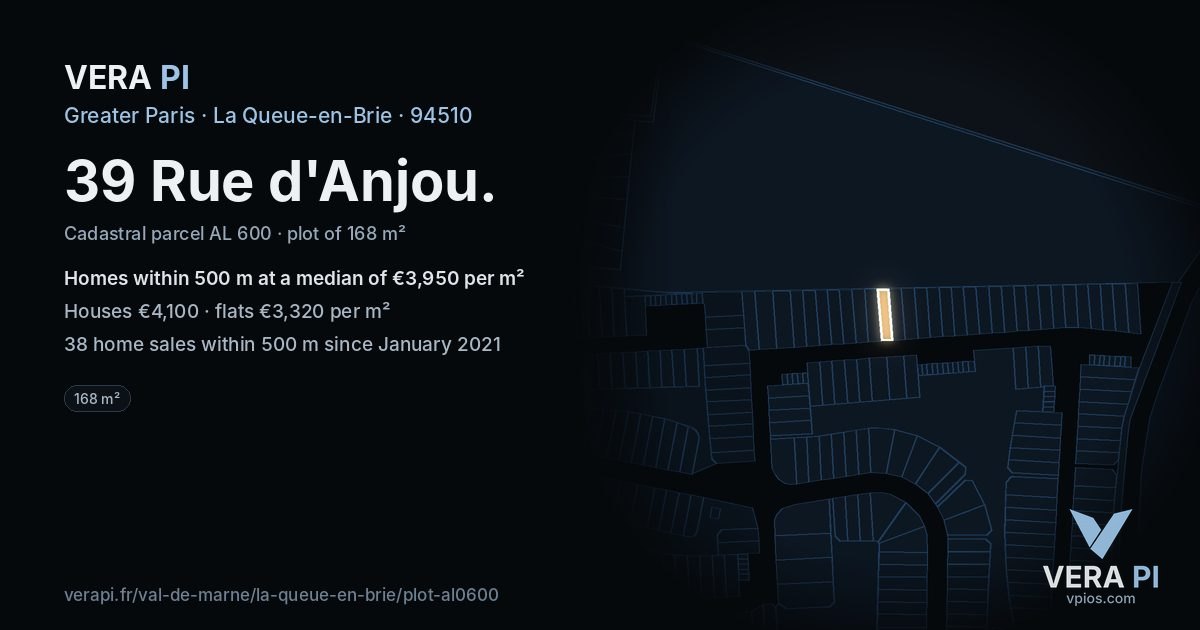 39 Rue d'Anjou, La Queue-en-Brie at night – the plot lit, the parcels around coloured by the prices near them