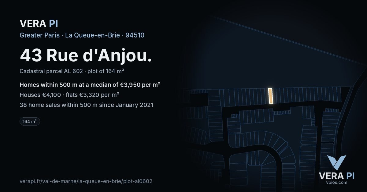 43 Rue d'Anjou, La Queue-en-Brie at night – the plot lit, the parcels around coloured by the prices near them