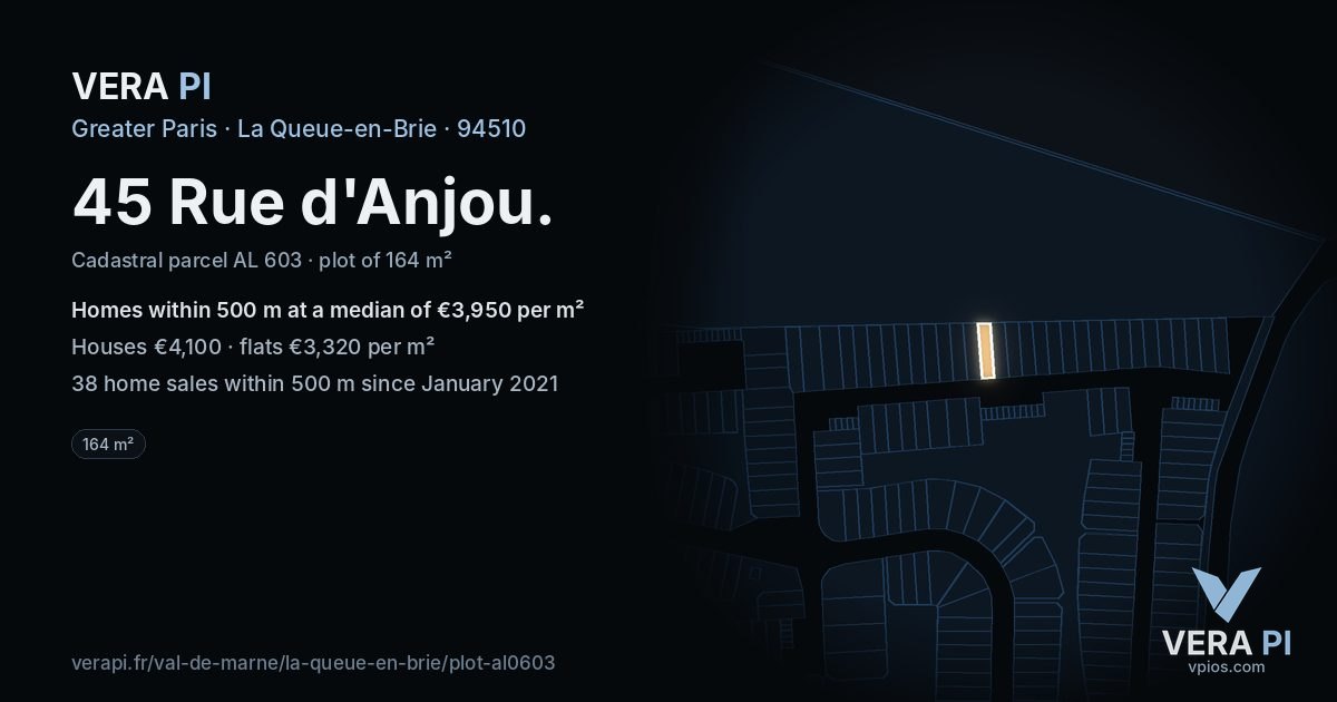 45 Rue d'Anjou, La Queue-en-Brie at night – the plot lit, the parcels around coloured by the prices near them
