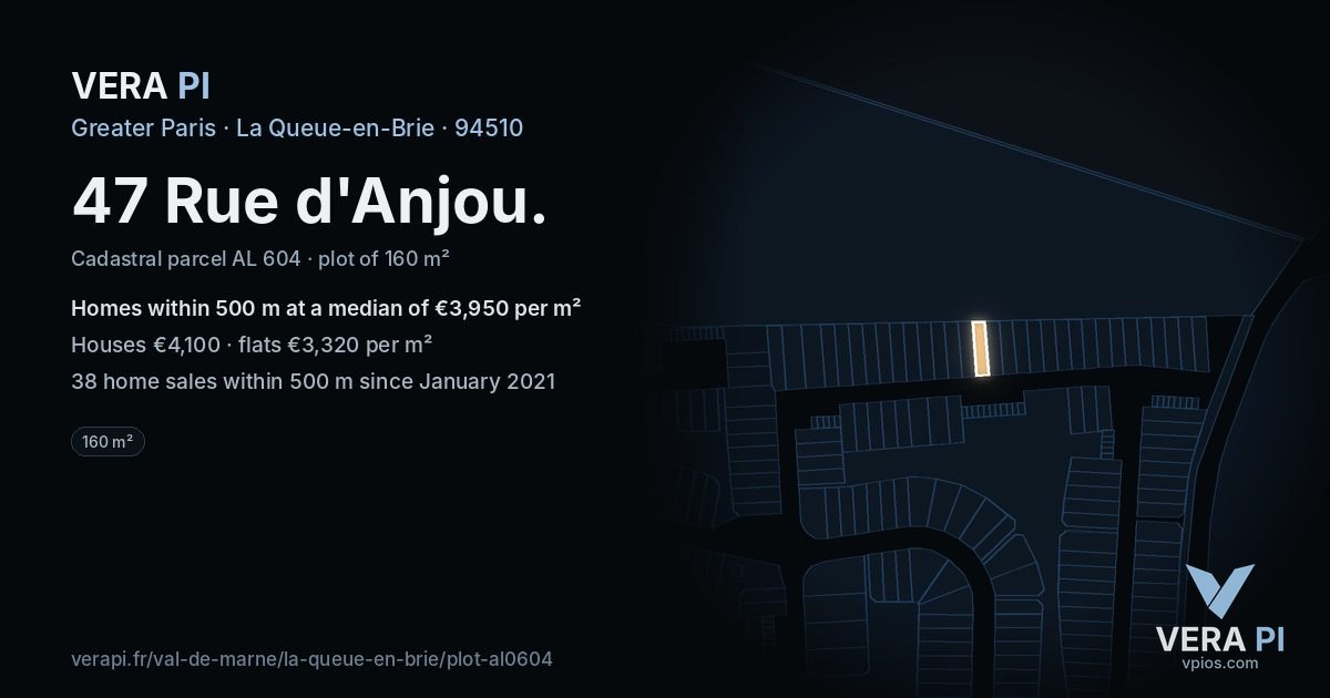 47 Rue d'Anjou, La Queue-en-Brie at night – the plot lit, the parcels around coloured by the prices near them