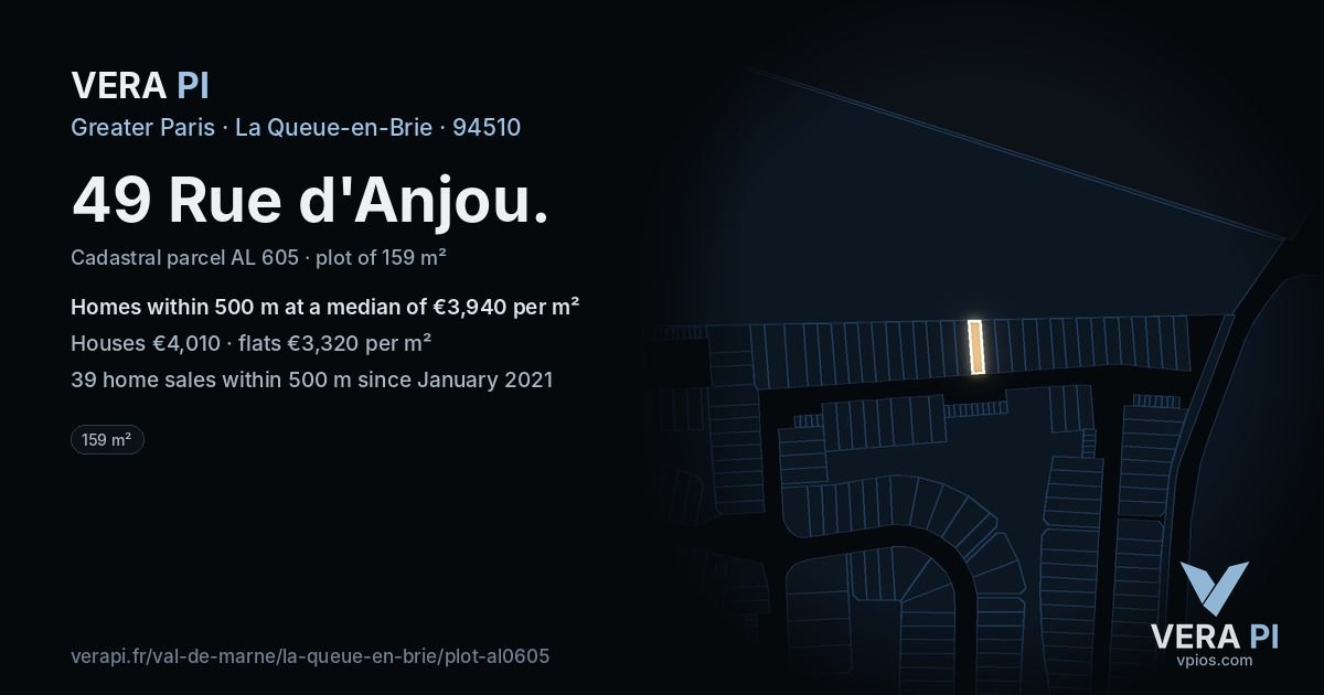49 Rue d'Anjou, La Queue-en-Brie at night – the plot lit, the parcels around coloured by the prices near them