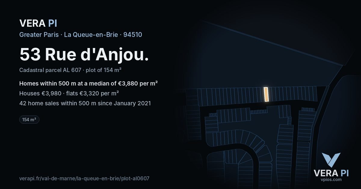 53 Rue d'Anjou, La Queue-en-Brie at night – the plot lit, the parcels around coloured by the prices near them