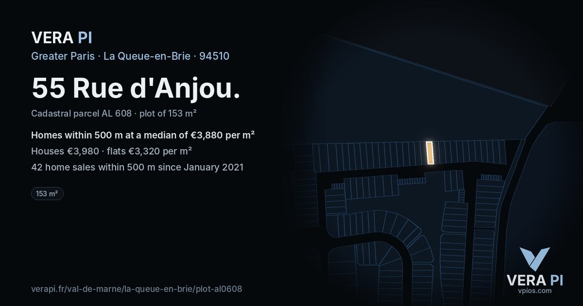 55 Rue d'Anjou, La Queue-en-Brie at night – the plot lit, the parcels around coloured by the prices near them