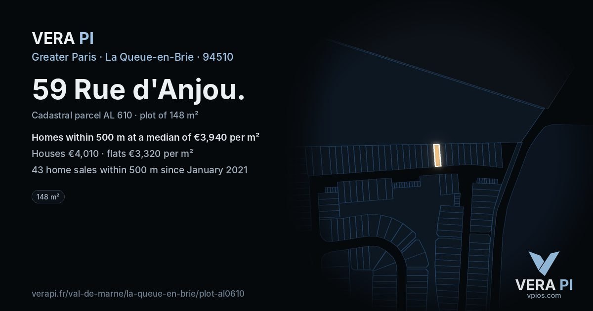 59 Rue d'Anjou, La Queue-en-Brie at night – the plot lit, the parcels around coloured by the prices near them