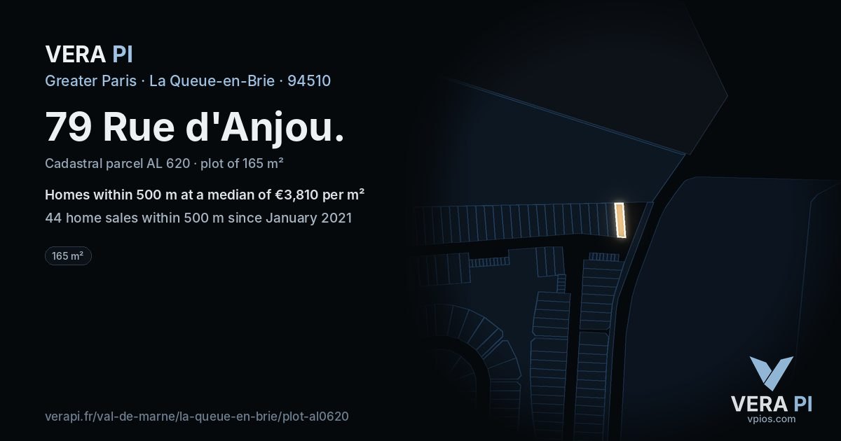 79 Rue d'Anjou, La Queue-en-Brie at night – the plot lit, the parcels around coloured by the prices near them