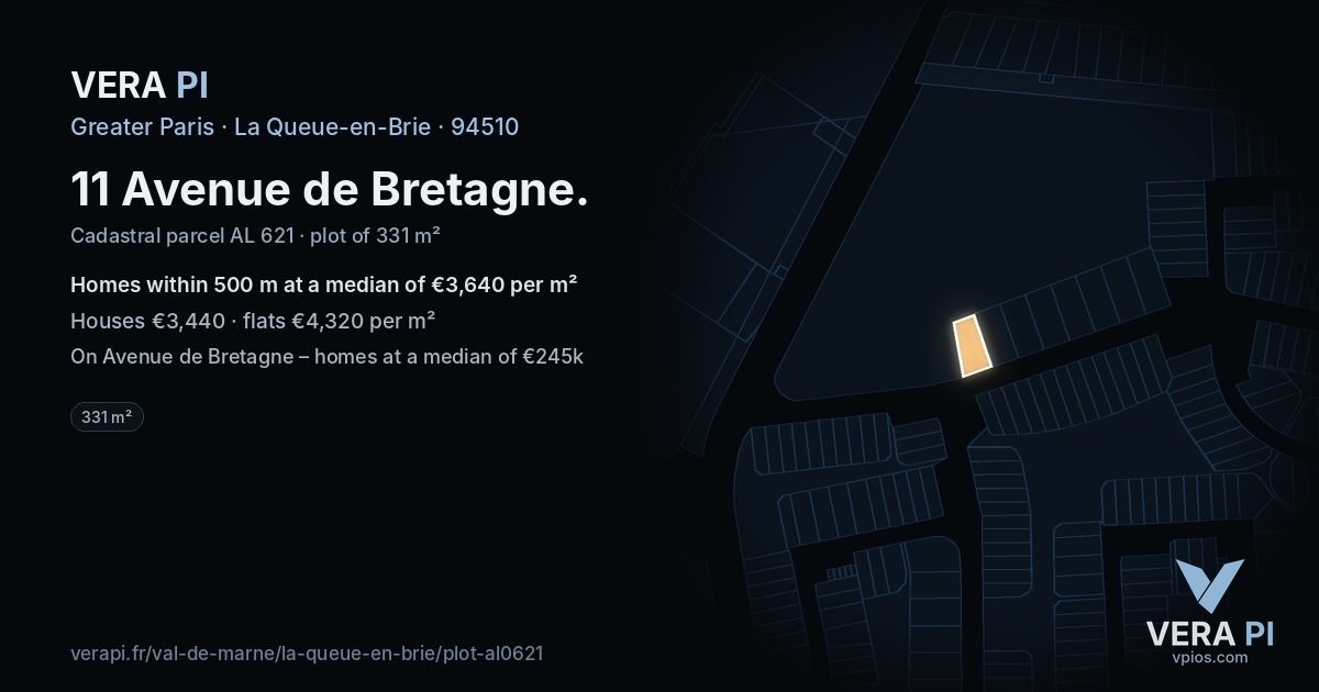 11 Avenue de Bretagne, La Queue-en-Brie at night – the plot lit, the parcels around coloured by the prices near them