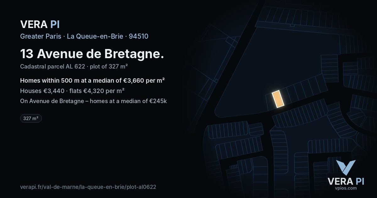 13 Avenue de Bretagne, La Queue-en-Brie at night – the plot lit, the parcels around coloured by the prices near them