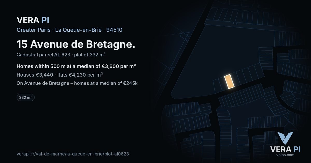 15 Avenue de Bretagne, La Queue-en-Brie at night – the plot lit, the parcels around coloured by the prices near them