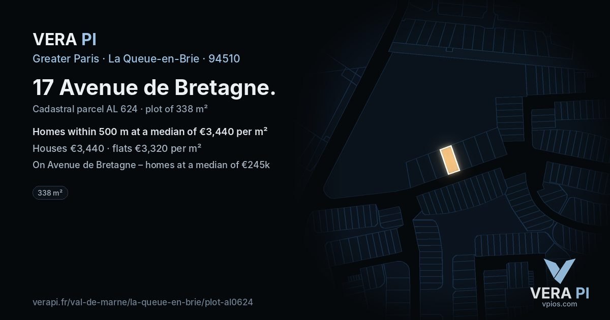 17 Avenue de Bretagne, La Queue-en-Brie at night – the plot lit, the parcels around coloured by the prices near them