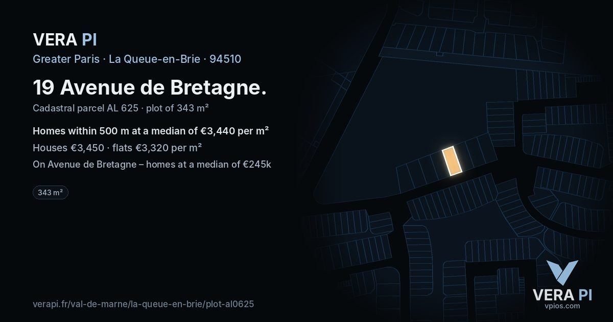19 Avenue de Bretagne, La Queue-en-Brie at night – the plot lit, the parcels around coloured by the prices near them
