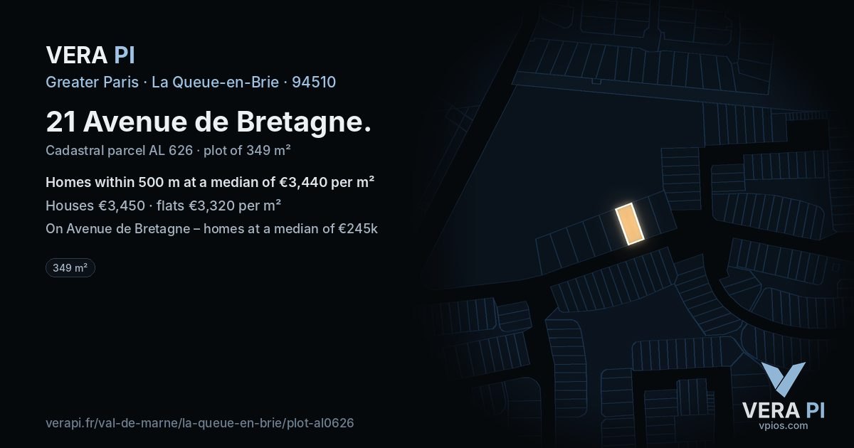 21 Avenue de Bretagne, La Queue-en-Brie at night – the plot lit, the parcels around coloured by the prices near them