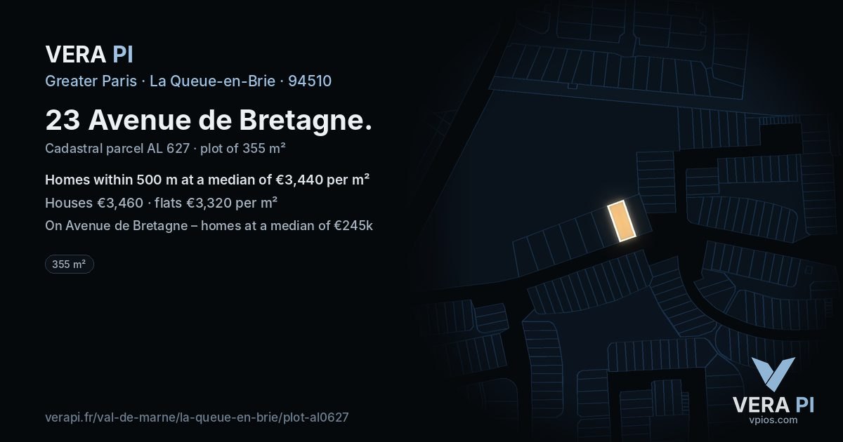 23 Avenue de Bretagne, La Queue-en-Brie at night – the plot lit, the parcels around coloured by the prices near them
